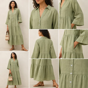 100% Cotton Handmade Simple Maxi <b>Dress</b> for Women Summer Casual Tiered Button Shirt Short Sleeve Collared Neck <b>Loose</b> Beach Long - Product Image 4