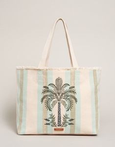 Sac fourre-tout en toile à rayures palmiers, sac de plage à bandoulière pour femmes - Product Image 1