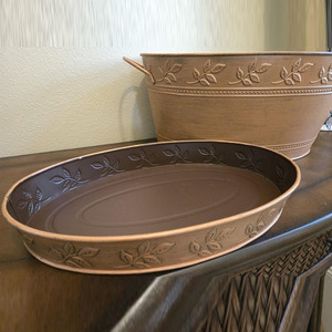 Rustic Copper & White Embossed Leaf Oval Beverage Tub With Matching Tray Enamel Interior Party Supply Wedding & Party Tableware - Product Image 6