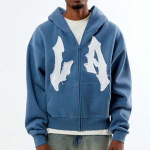 Wholesale Custom <b>Slate</b> Blue LA Raw Applique Full Zip Unisex Hoodie Breathable Cotton Blended Streetwear Distrust Hoodie For Men - Product Image 1
