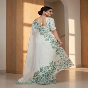 Sari de organza de seda con estampado floral, perlas y bordes de trabajo manual, sin arrugas, de secado rápido, para fiestas. - Product Image 1