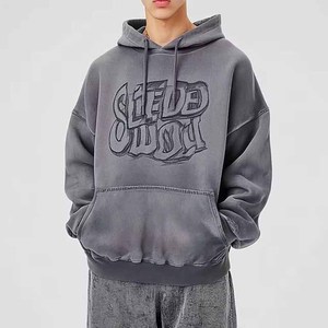 Sweat-shirt à capuche gris foncé délavé à l'acide de haute qualité, coupe lourde, épaules tombantes, imprimé athlétique, vente en gros, streetwear - Product Image 6