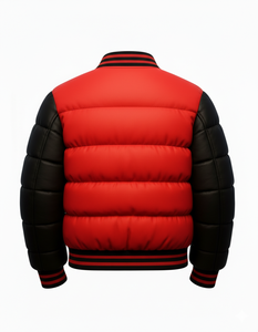 Blouson d'hiver pour homme, style universitaire, rouge et noir, matelassé, à boutons-pression, coupe bomber, streetwear, col et poignets côtelés, coupe ajustée, vêtement d'extérieur - Product Image 3