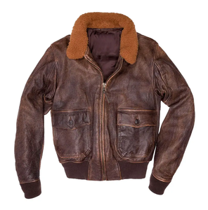 Blouson Aviateur Homme en Cuir Véritable Marron Vieilli Coupe-Vent avec Col Sherpa Zippé Coupe Droite Hiver - Product Image 1