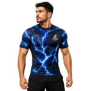 <b>Men</b> Blue Lightning <b>Compression</b> <b>Shirt</b> Short Sleeve Rash Guard Gym Fitness Workout Athletic Base Layer Sportswear Custom Logo OEM - Product Image 1