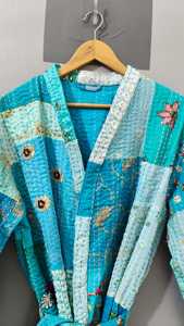 Patchwork Kantha Vintage Boho Khambadiya Kimono <b>Jacket</b> Handmade Floral Pattern 100% Cotton Long Sleeves Drawstring Closure - Product Image 3