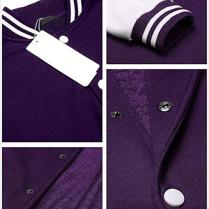 Veste universitaire pour homme, couleur unie violet et blanc, fermeture à boutons, col rabattu, style décontracté automne, coupe régulière, matière polaire - Product Image 5