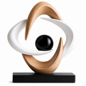 Sculpture géométrique minimaliste en bois de bambou doré Aqdus Saleem |   Art moderne artisanal |   Plateau de table écologique et durable 28x10x8 cm - Product Image 1