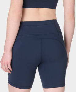 Shorts pour femmes à taille haute en tricot, couleur marine unie, coupe sportive, fermeture élastique, respirant, avec poches - Product Image 4