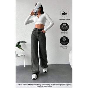 Jean en denim gris de luxe pour femme, taille haute, coupe ample à jambe large, avec placage écologique durable, style streetwear, taille (2640) - Product Image 2