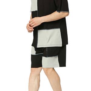 Nuevo conjunto de dos piezas con paneles de patchwork para hombre, camiseta y pantalones cortos con bloques de color negro y gris, conjunto informal de verano para calle, talla grande - Product Image 6