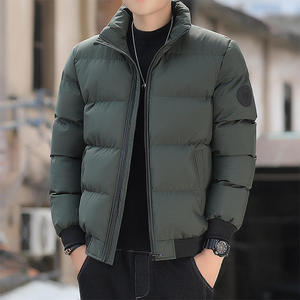 Men's Winter Puffer Jacket Stand Collar Zipper Closure Solid Color Thick Polyester Wadding Casual Style Patch Design Left Sleeve - Product Image 5