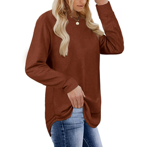 Suéter de Punto para Mujer, Manga Larga, Cuello Redondo, Color Sólido, Corte Holgado, Informal, de Algodón Marrón, para Uso Diario - Product Image 2