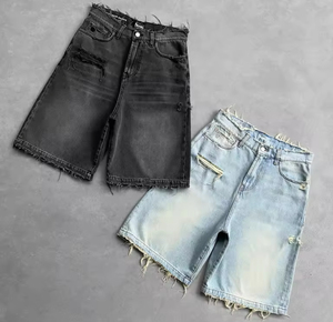 Wholesale Summer Unisex Hip Hop Ripped Hole Denim Shorts 100% Cotton Breathable <b>Black</b> Punk Wash Baggy Work Vintage Raw <b>Edge</b> - Product Image 1