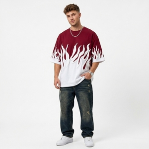 Men's Oversized Puff Print Men's Crop Oversized <b>Flame</b> T-<b>Shirt</b> 100% Cotton Knitted Streetwear 240g Front Logo Breathable T-<b>Shirt</b> - Product Image 2