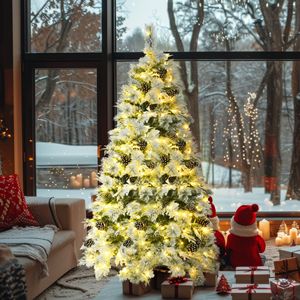 Albero di Natale Artificiale Pre-Illuminato 6 Piedi, Abete Innevato con Pigne, 403 Punte di Rami Miste in PE e PVC - Product Image 2