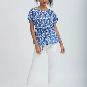 Globus <b>Women's</b> Casual Blue <b>White</b> Floral Print <b>Top</b> Regular Sleeves Breathable and Sustainable - Product Image 1