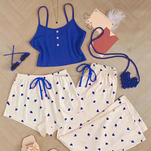 3pcs Set Simple Fashion Woman's Sexy Spaghetti Strap Floral Pattern Soft Spandex/Cotton Shorts Pajamas Breathable Knitted - Product Image 1