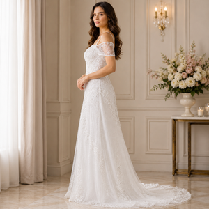 Luxury White Off Shoulder Lace Wedding Gown for Women Sweetheart Neck Bridal Dress Elegant A Line Reception Ceremony Maxi Dress - Product Image 4
