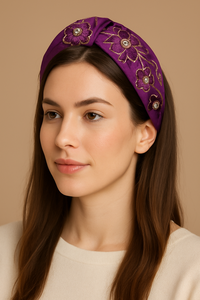 Luxury Purple Floral Comfortable Embroidered Knot <b>Headband</b> Elegant <b>Beaded</b> Fabric Hairband for Women & Girls Boutique Collections - Product Image 5