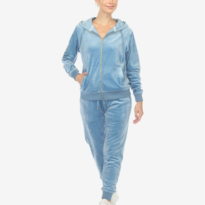 Conjunto Deportivo de Terciopelo Azul Claro para Niñas, Transpirable, Grueso, con Capucha, Manga Corta, Color Sólido, Cordón Ajustable en la Parte Delantera, Ropa Casual de Invierno - Product Image 4