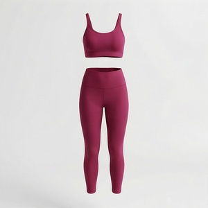 <b>Women</b> Seamless Yoga Set 2 Piece High Waist Leggings and Scoop Neck Tank <b>Top</b> <b>Burgundy</b> - Product Image 1