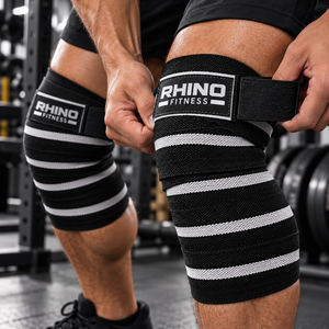 RHINO FITNESS Adjustable Unisex Nylon Knee <b>Wraps</b> Stabilizer Hook Loop Strap Black <b>White</b> Leg Support - Product Image 5