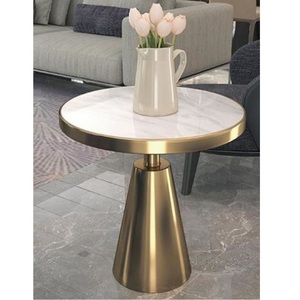 Table basse ronde moderne en marbre gris avec base en métal doré, faite à la main, durable, table d'appoint pour salon - Product Image 5