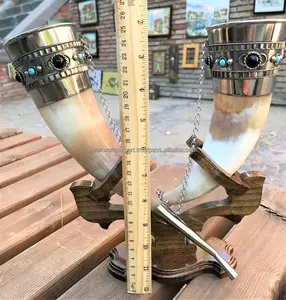 Modern Design Drinking Horn, Medieval Natural Handcrafted Horn With Wooden <b>Stand</b> Medieval Style By Falak World Export - Product Image 6