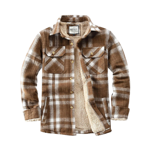 Unisex Casual Cotton <b>Sherpa</b> <b>Lined</b> Plaid Flannel Canvas Jacket Shirt Winter Outdoor Soft Crocheted Yarn Dyed Anti-Pilling Stand - Product Image 1