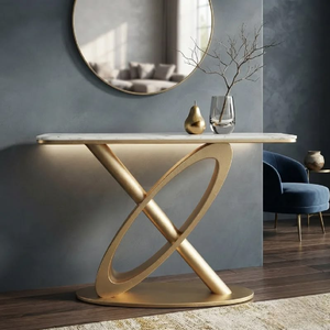 Table console élégante avec plateau noir élégant et base à double piétement en forme d'éventail doré, disponible à prix de gros. - Product Image 4