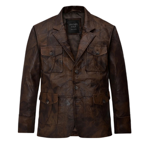 Blazer de Cuero Genuino Marrón para Hombre, Cuello Camisero, Cierre de un Solo Botón - Product Image 2