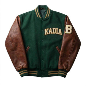 Chaqueta Varsity Verde para Hombre Kadia, Mangas de Cuero, Letra B Bordada, Estilo Preppy, Cuello Camisero, para Otoño - Product Image 4
