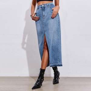 กระโปรงผ้ายีนส์สีน้ำเงินฟอกสำหรับผู้หญิงกระโปรงยาวเปิดขาแบบตะวันตกขอบหลุดลุ่ยเย็บริมผ้าเดนิมผ่าข้างแนวสตรีท Y2K - Product Image 3