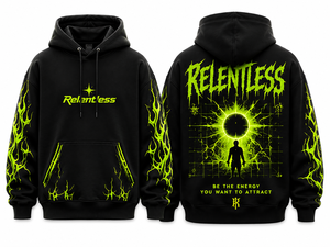 เสื้อฮู้ดดี้สีดำแบบไม่มีลาย แบรนด์ Relentless สำหรับผู้ชาย สไตล์สตรีทแวร์ ทรงโอเวอร์ไซส์ พิมพ์ลายเปลวไฟสีเขียวนีออน ดีไซน์กระเป๋าเสื้อ ผลิตจากโพลีเอสเตอร์ 100% ผ้าเฟรนช์เทอร์รี่ - Product Image 3