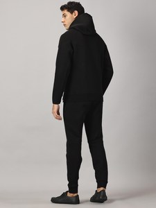 Survêtement à capuche noir pour homme, fermeture éclair intégrale, couleur unie, vêtement décontracté, pantalon respirant en polyester pour l'automne, poches latérales - Product Image 2
