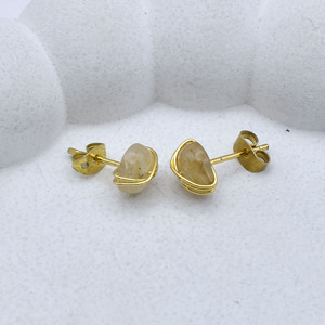 Golden Rutile Gemstone <b>Stud</b> Earrings | 8mm Wire Wrapped Golden Stone | Minimal Jewelry Gift - Product Image 3