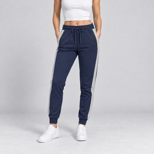 Pantalones Deportivos Azul Marino para Mujer, con Paneles Laterales Grises en Contraste, Bolsillos con Cremallera, Cintura con Cordón Ajustable, para Entrenamiento, Venta al Por Mayor - Product Image 1