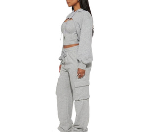 Women Cut Out Fashion Cropped Top Track <b>Jacket</b> Set Heavyweight Oversized Solid Color Knitted Fabric Women's Hoodies Cargo OEM - Product Image 4