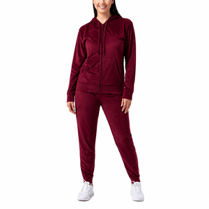 Ensemble sweat à capuche zippé uni et jogging pour femme, en polyester doux, vêtements de sport en gros - Product Image 2