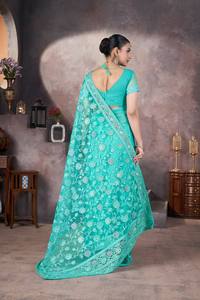 Conjunto de Blusa y Saree Tradicional Verde, de Secado Rápido, Largo hasta el Suelo, con Estampado Floral, Estilo Indio-Pakistaní, para Fiestas y Bodas - Product Image 5
