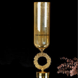 Vase décoratif de table de style luxueux en laiton doré, forme ronde, émail imprimé, pour arrangement floral à la maison - Product Image 3