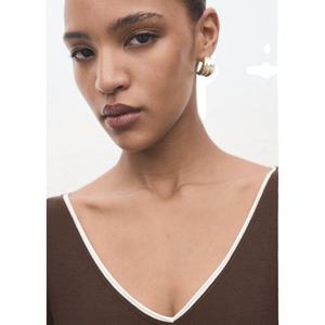 T-shirt en tricot à manches longues pour femme, col en V, marron, coupe ajustée, couleur unie, respirant, toutes saisons, style minimaliste - Product Image 3