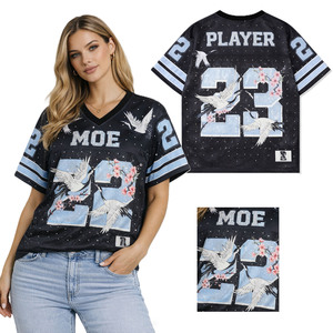 Crane Print American Football Jersey Women Rhinestone Floral Mesh V-Neck Blue Black Sparkly Bling Glitter Lady Streetwear <b>Shirt</b> - Product Image 1