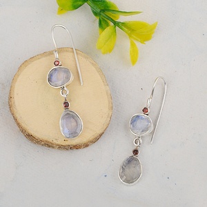 Natural Moonstone & Garnet Birthstone <b>Earrings</b> 925 Sterling <b>Silver</b> Handmade Gemstone <b>Drop</b> Dangle <b>Earrings</b> Jewelry Wholesale - Product Image 3