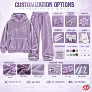 Ensemble de survêtement en velours velours personnalisé Lilac Mirage Street 280 GSM avec sweat à capuche et pantalon ornés de strass et cristaux - Product Image 6