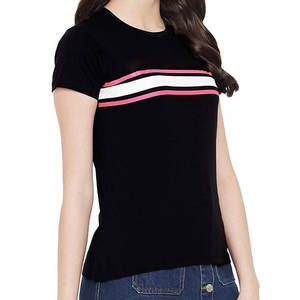 Black <b>Short</b> <b>Sleeve</b> T-<b>Shirt</b> Pink <b>White</b> Striped Contrast Trim O-Neck Regular Fit Formal Cotton/Bamboo Fiber Summer <b>Women's</b> Top - Product Image 6