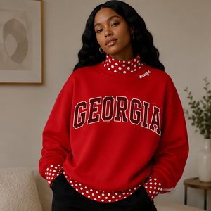 Wholesale Oversized College Style Georgia Embroidered <b>Sweatshirt</b> <b>White</b> Polkadot Layered Look Fleece Pullover - Product Image 1