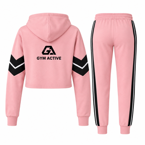 Womens <b>Pink</b> Regular Solid Fleece Cropped Hoodie & Jogger <b>Tracksuit</b> Set | Custom Logo Sportswear - Product Image 6