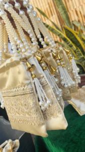 Elegant <b>Ivory</b> Pearl Potli Pouch with Hand Embroidery Golden Tassels & Beaded Handle High Quality Luxury Bridal Wedding Potli Bag - Product Image 2